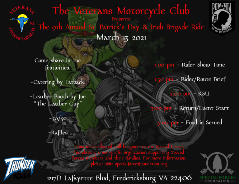 Veterans Motorcycle Club, presents the 9th Annual St Patrick’s Day and Irish Brigade Ride
