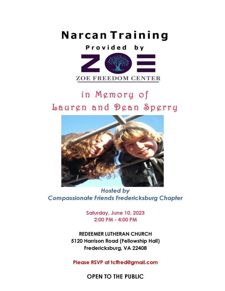 Narcan Training provided by Zoe Freedom Center in Loving Memory of Lauren and Dean Sperry